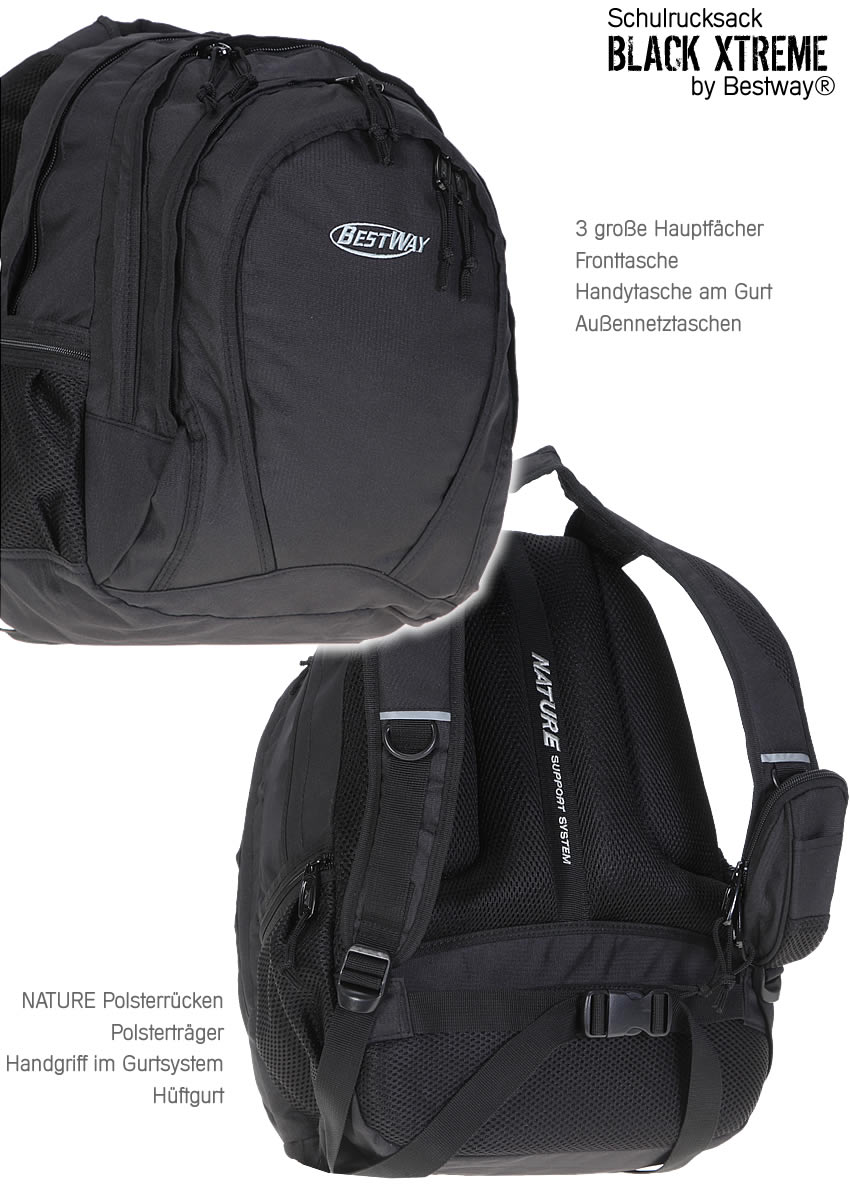 Rucksack BESTWAY BLACK XTREME Schulrucksack Daypack 3 Hauptfächer 