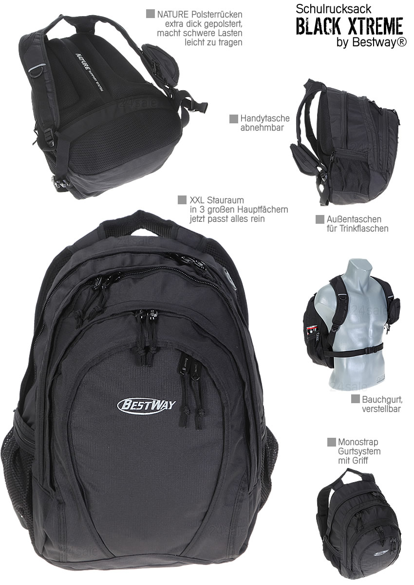 Rucksack BESTWAY BLACK XTREME Schulrucksack Daypack 3 Hauptfächer 