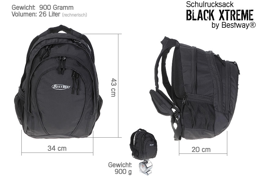 Rucksack BESTWAY BLACK XTREME Schulrucksack Daypack 3 Hauptfächer 