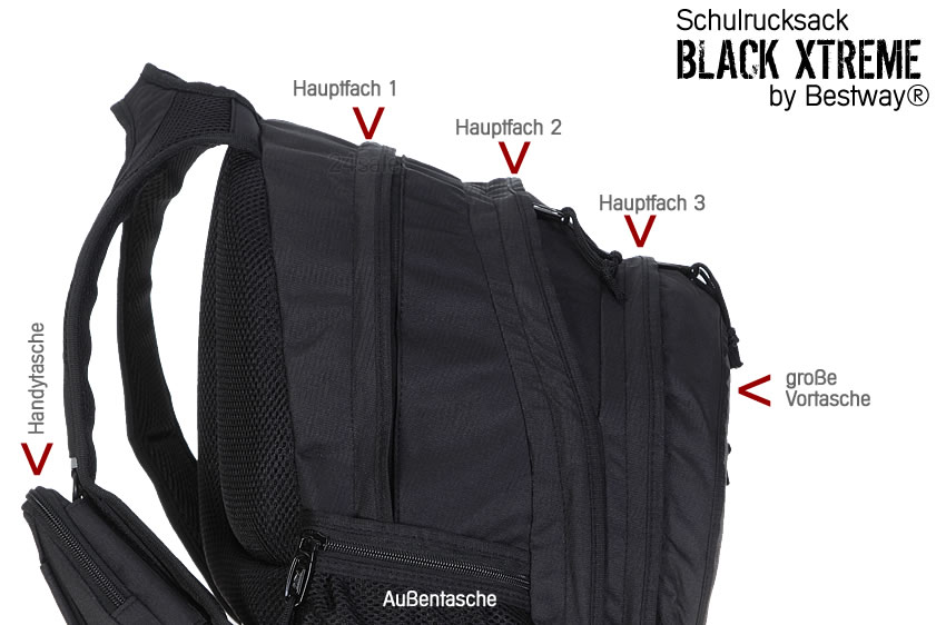 Rucksack BESTWAY BLACK XTREME Schulrucksack Daypack 3 Hauptfächer 