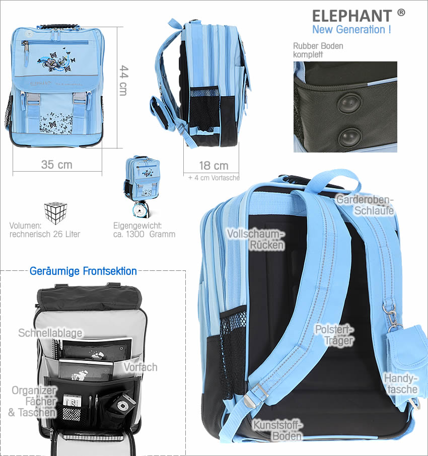 Schulrucksack ELEPHANT BUTTERFLY Rucksack Schultasche Blau Schulranzen 