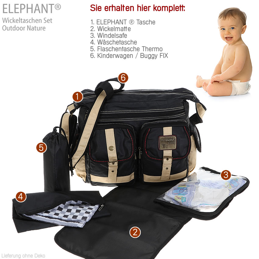 6T SET Wickeltasche ELEPHANT OUTDOOR Nature Babywickeltasche 