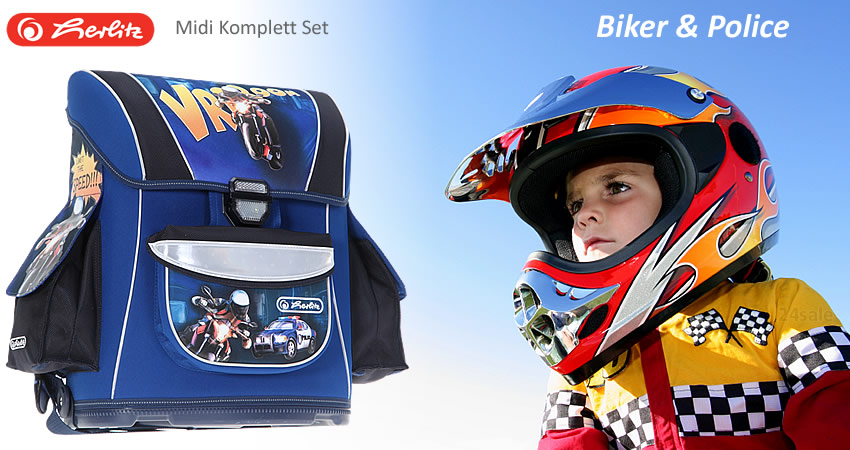 Set HERLITZ MIDI II BIKER & POLICE Schulranzen Ranzen Motorrad 